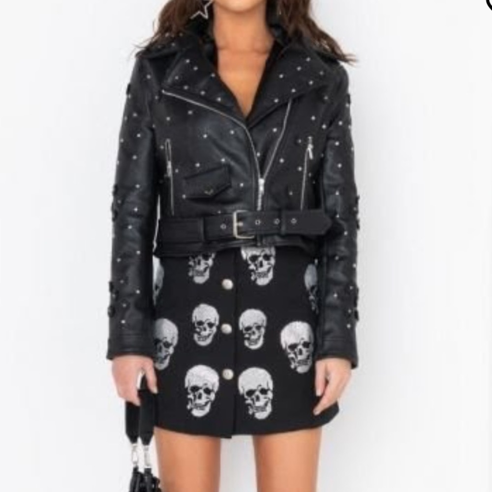 Azalea Wang NWT black studded floral faux leather jacket S